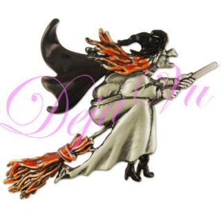NEW ANTIQUE SILVER PLATED BLACK ORANGE HALLOWEEN WITCH ON BROOM BROOCH 