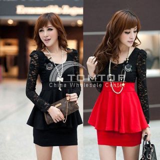   Mini Dress Lace Peplum Slim Casul Cocktail Party Long Sleeves Tops