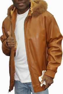 Mens GENUINE Leather Jacket Camel HOOD 5XL Retail Value $450