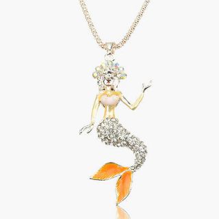 Enamel 3D Mermaid Crystal 14K Gold Plated GP Necklace Pendant XB2020K