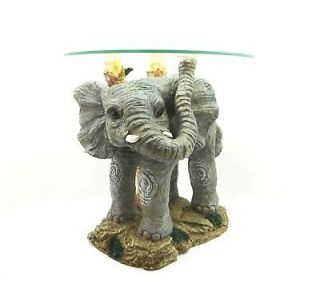 African Elephant Statue Glass Top Table Round End Table Accent 