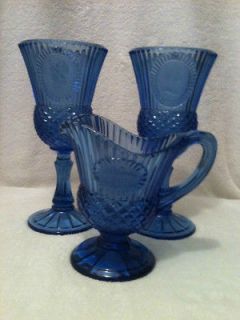   Cobalt Water Goblets and Creamer depicting George and Martha Washingto