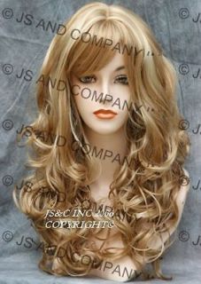 Bouncy Long Wavy Curly Golden PALE BLONDE WIG with full bangs JSCA #24 