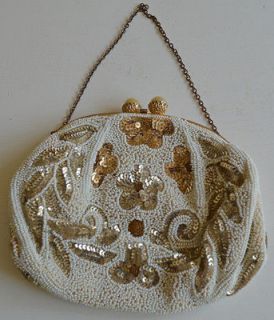 ART DECO VINTAGE FRENCH HAND BEADED EVENING BAG PURSE W/SEQUINS 