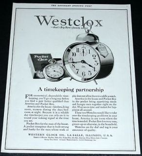 1921 OLD MAGAZINE PRINT AD, WESTCLOX POCKET BEN WATCH & BIG BEN 