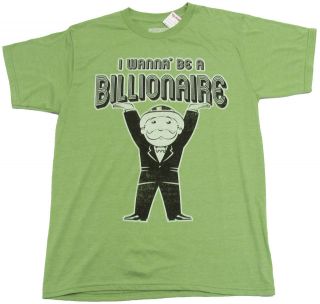 MONOPOLY Mens M I Wanna Be A Billionaire Heather Green Tee Shirt NWT