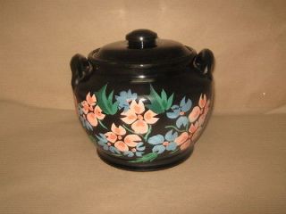 Monmouth Pottery Cookie Jar Handles Bran Pot Hand Painted Flowers 