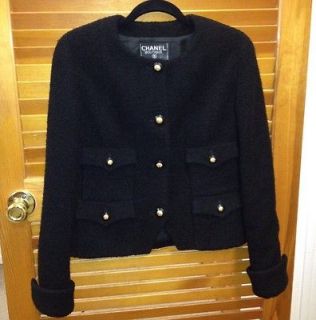 Auth. Chanel Boutique Boucle Wool Size 42 Black Collarless Jacket 
