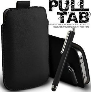 BLACK PULL TAB LEATHER POUCH CASE SKIN COVER + STYLUS FOR VODAFONE 