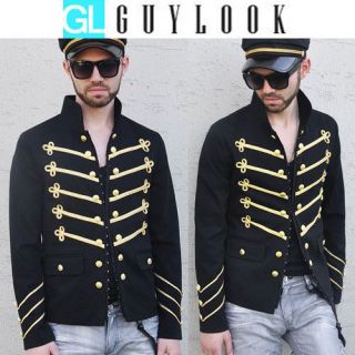   Funk Gold Embroidery Mens Slim Cut Black Napoleon Jacket By Guylook