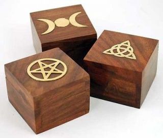 Choice of Small Wooden Box Inlaid MOONS, TRIQUETRA, or PENTACLE 