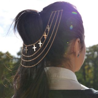 Celebrity Fashion Kim Kardashian Gold Crosses Hair Chain Jewelry Head 