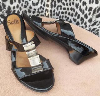   LEATHER Wedge HEELS Sandals 8  BLACK w METAL STRAP ACCENTS