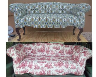RED TOILE LARGE BENCH SETTEE QUEEN ANNE FURNITURE WITH BACK