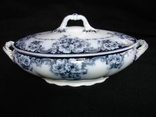 flow blue china cov veg bowl normandy by alfred meakin