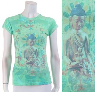 New Womans Juniors Super Soft T Shirt Green Graphic Hindu Praying 