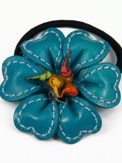 Leather Rose Flower Ponytail Holder Hair Tie Bow aia4 T Blue