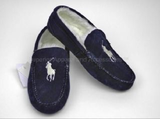 Polo RALPH LAUREN Mens Big Pony SUEDE Faux Fur Slip On Slippers House 