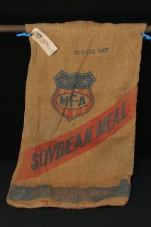 MFA Soybean Meal Vintage Burlap Gunny Jute Sack Bag 100 Lbs With Paper 