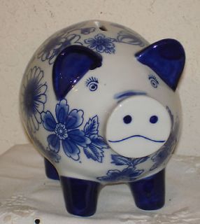   Decorative Blue & White Ceramic Piggy Bank   Floral Design NEW