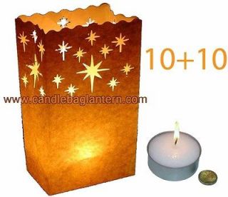 10+10 Star Design White Paper Bag Lanterns +Giant Tea Light Candle 