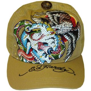 Ed Hardy Beige Rhinestone Platinum Battle Embroidered Mesh Cap