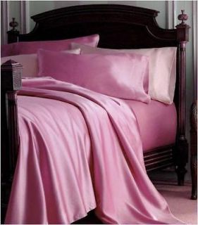 3PCS NEW SOFT TWIN PINK SILK~ Y SATIN FLAT/FITTED SHEET+ PILLOWCASE 