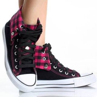   High Top Sneakers Canvas Skate Shoes Pink Plaid Lace Up Boots Size 8