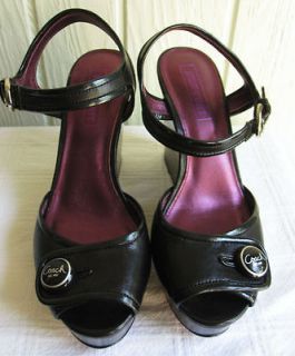 Coach Love Poppy Black Leather Platform Wedge Heel Sandals Shoes Size 