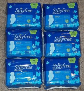 LOT OF 108 STAYFREE ULTRA THIN REGULAR PADS WITH WINGS 6 PACKS NIP!