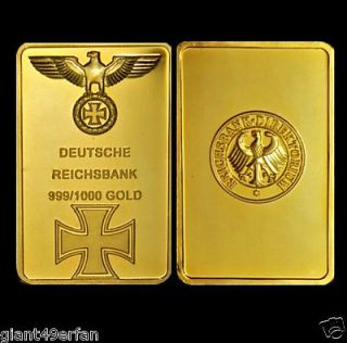OZ GERMAN .999 PURE 24K GOLD LAYERED 3RD REICH IRON WWI WWII BULLION 