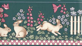   IN GARDEN WALLPAPER BORDER Pre pasted~Cou​ntry Cottage Bunny NEW