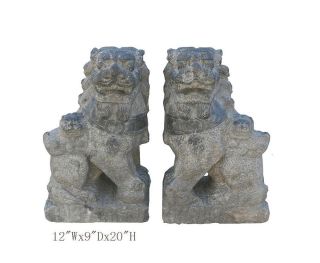 Pair FenShui Foo Dog Chinese Antique Solid Stone Hand Carving WK2371