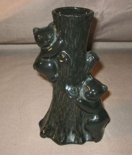 Vintage American Bisque Pottery Black Panda Bear & Tree Stump Vase
