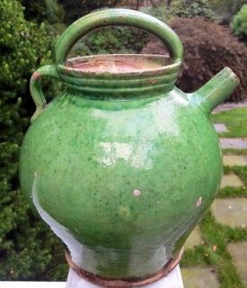 French Antique Confit Pottery Pot Green Provencal Cruche Jug