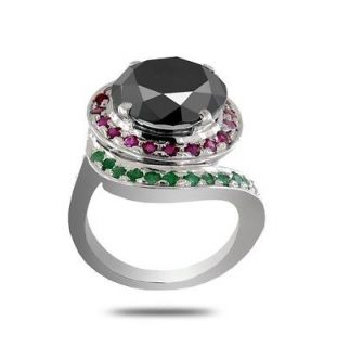   Cts Certified Black Diamond With Ruby & Emerald Gemstone Silver Ring