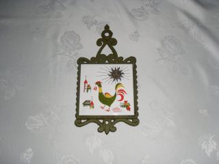 vintage enesco art deco rooster porcelain metal trivet time left