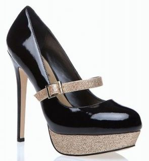 Shoedazzle Akasha heel 6 black patent gold glitter sparkle mary jane 
