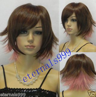   New Sexy Short Pink MIixed Brown Straight ladys Cosplay Hair Wig/Wigs