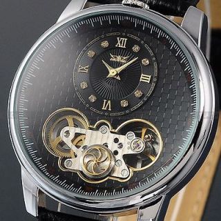   Auto Automatic Mechanical Silver Case Sport Black Leather Wrist Watch