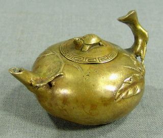 ANTIQUE CHINA CHINESE BRASS BRONZE TEA TEAPOT TURTLE ON SHIELD LID 