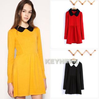 Women Colour Block Pleated Peter Pan Contrast Collar Baby Doll Long 