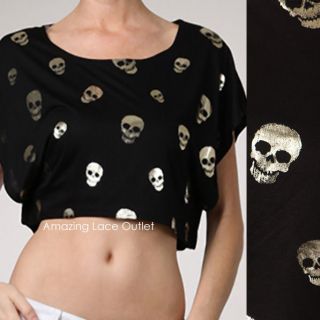 Happy Face Skull Belly Shirt Metallic Black Top Tank Shirt Womens 