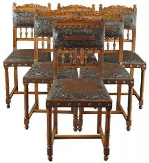 ANTIQUE SET 6 HENRY II DINING CHAIRS EMBOSSED LEATHER CARVED CREST 