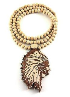 Wooden Indian Chief Pendant Piece Chain Necklace Good Wood Native 