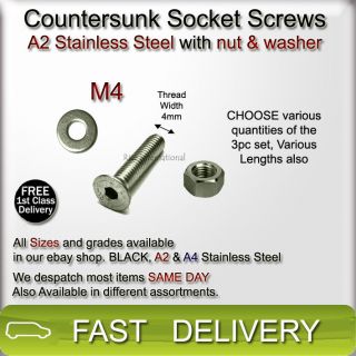M4 A2 Stainless Steel Nuts Bolts & Washers 3pc Set Countersunk Socket 