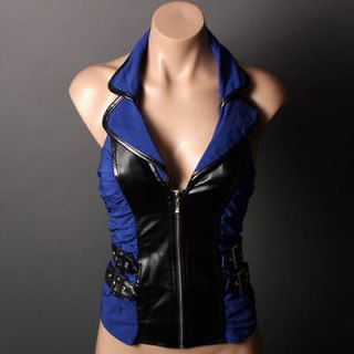 Steampunk Royal Blue Faux Leather Double Collar Ruched Belted Halter 