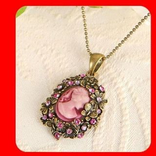 Pink Crystal Vintage ST Antique Gold GP CAMEO pendant necklace n1498