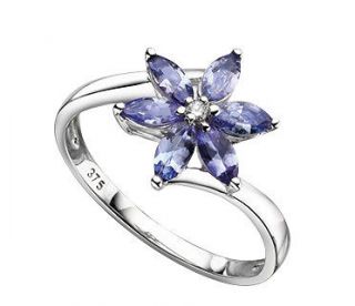 9ct White Gold Real Tanzanite Marquise Flower Ring with Diamond