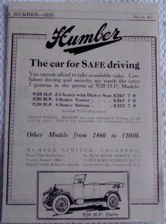 1927 HUMBLER CAR BRITISH AD DUNLOP TYRES CONVERTIBLE 9/20 HP TOURER